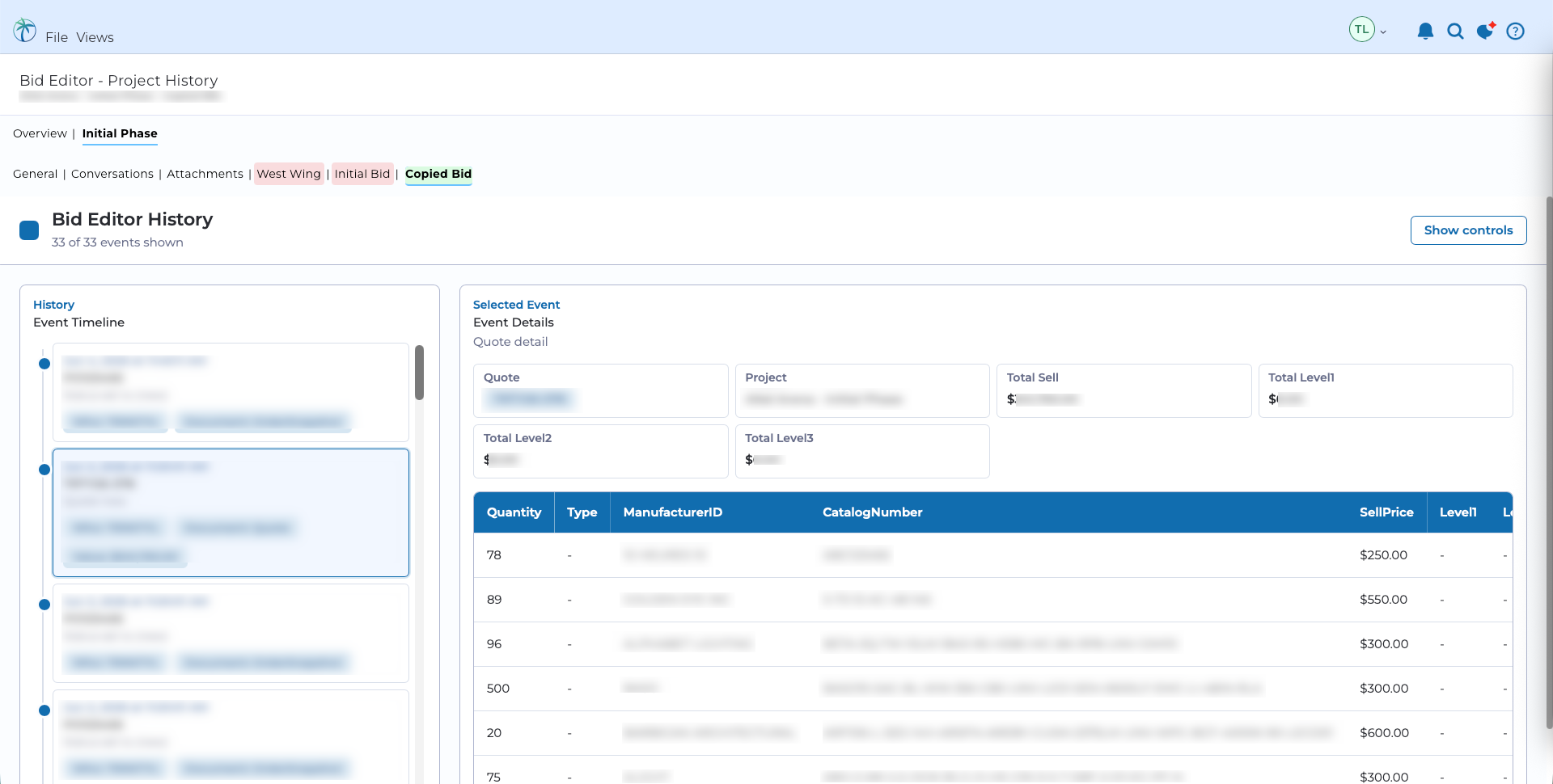 OASIS Online project history with event timeline and quote details