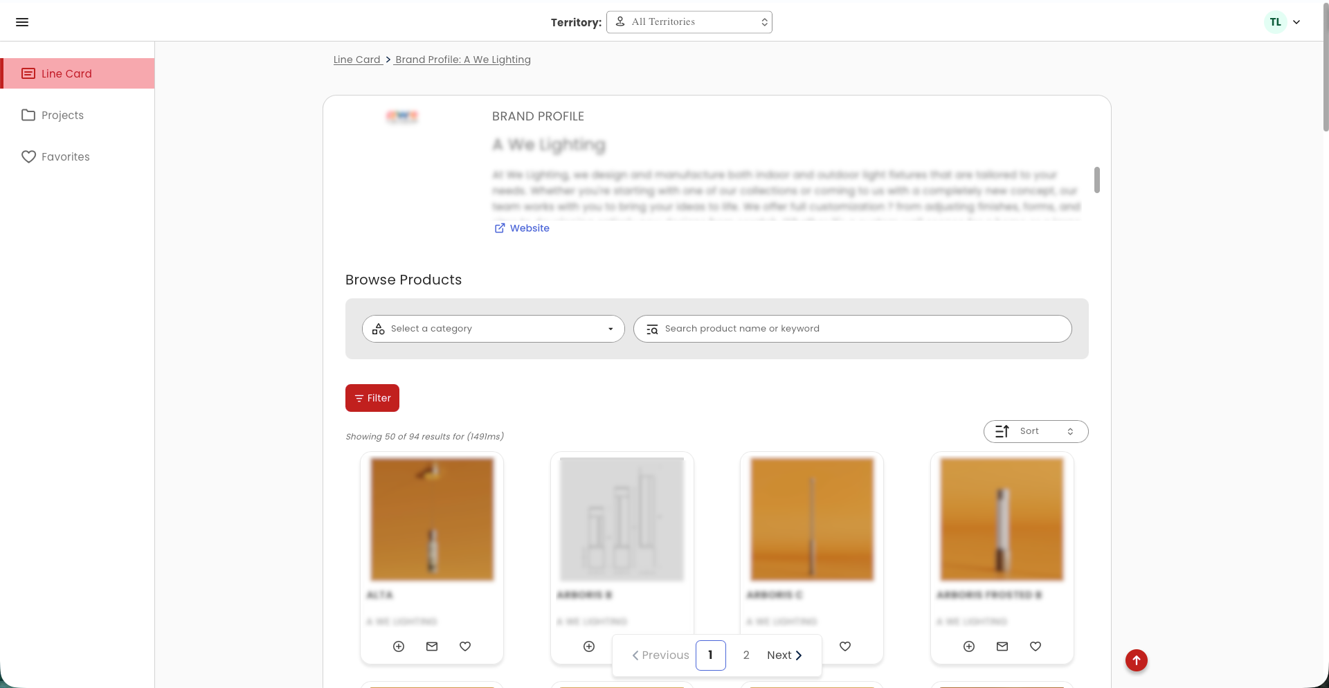 SpecSeek brand profile with searchable product results